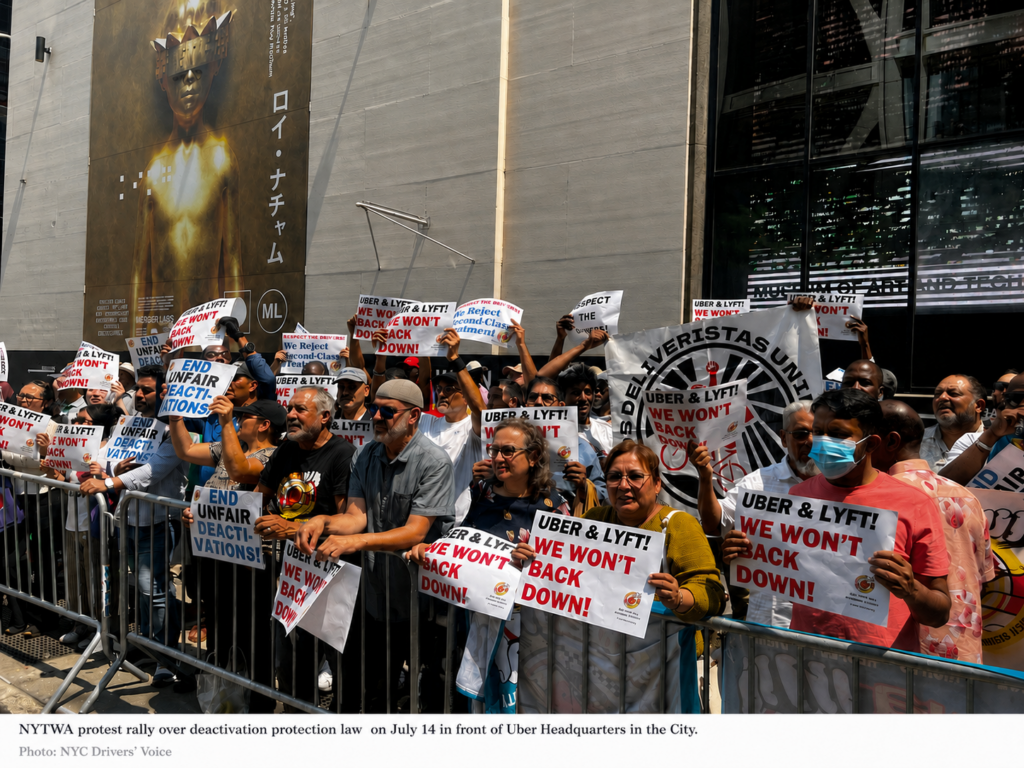 NYTWA drivers rally outside Uber headquarters in New York City on July 14, protesting unfair deactivations and demanding protection under the driver deactivation law.
