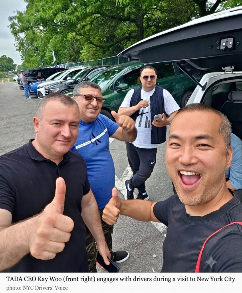TADA CEO Kay Woo meets with New York City drivers during a visit celebrating the company's milestone of 52,000 driver sign-ups.
