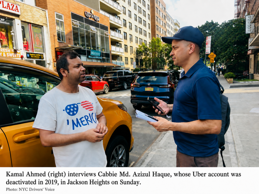 Cabbie Md. Azizul Haque discusses his Uber account deactivation with Kamal Ahmed in Jackson Heights