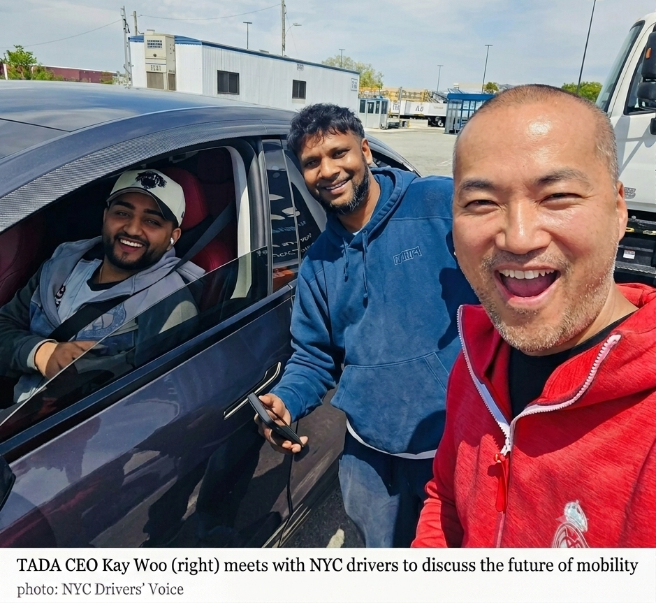TADA CEO Kay Woo taking a selfie in front of a car with two NYC rideshare drivers outdoors on a sunny day.