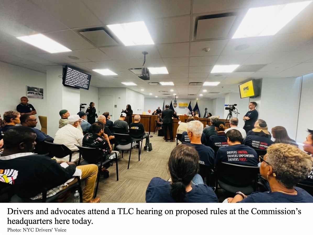 Drivers and advocates gathered at the NYC TLC headquarters for a hearing on proposed rules, captured by NYC Drivers' Voice.