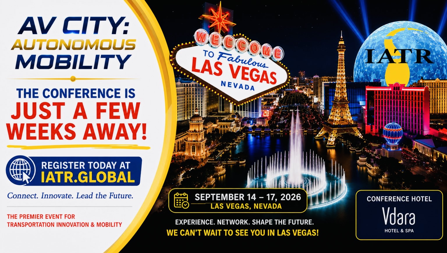 AV City Autonomous Mobility Conference 2026 in Las Vegas, September 14–17, featuring autonomous vehicles, smart infrastructure, sustainable mobility, and transportation innovation.
